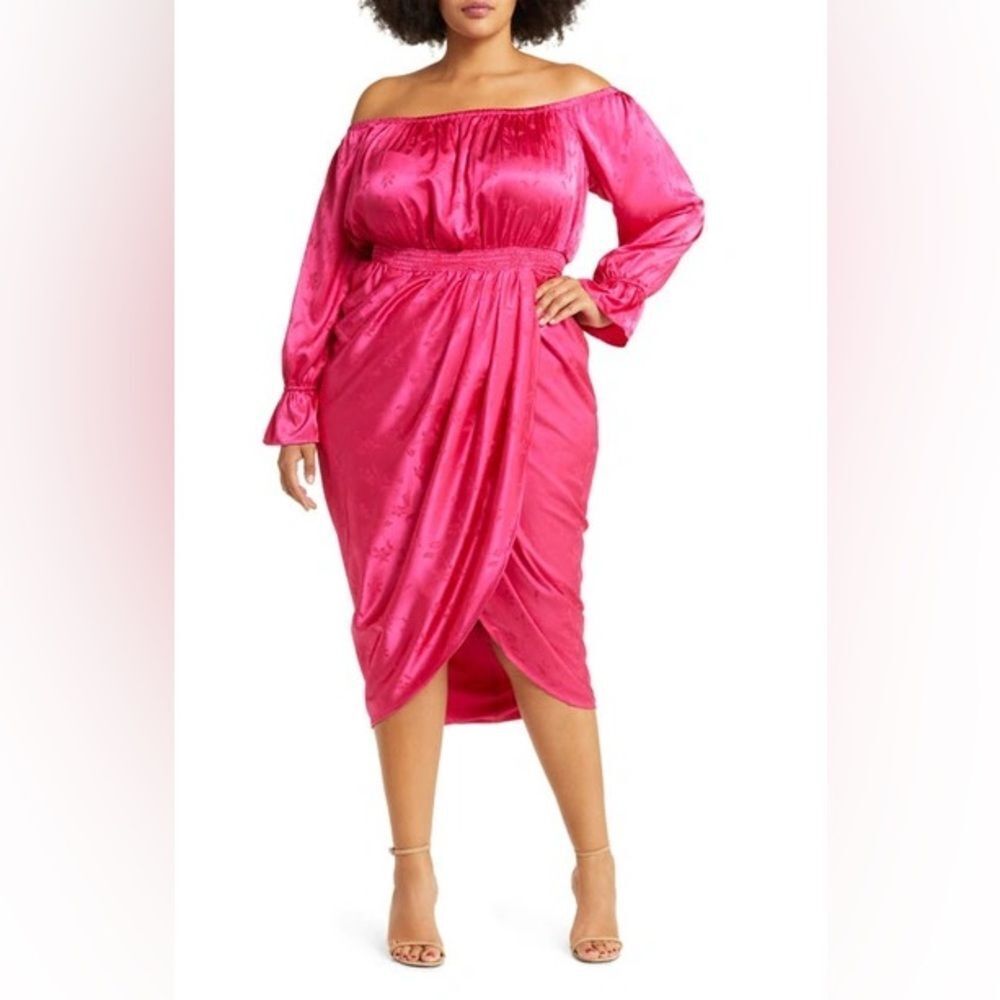 11 Honore Brittney Floral Long Sleeve Satin Midi Dress | Size 16 | Pink Peacock
